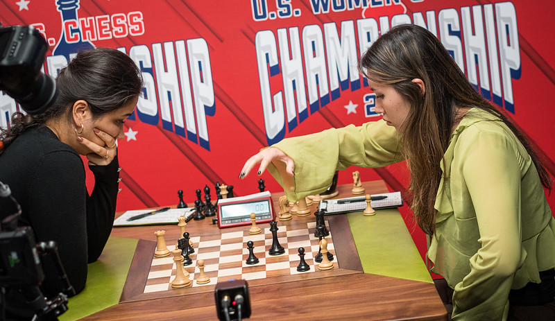 IM Begim Tokhirjonova and WGM Jennifer Yu playing in the 2023 U.S. Women's Championship