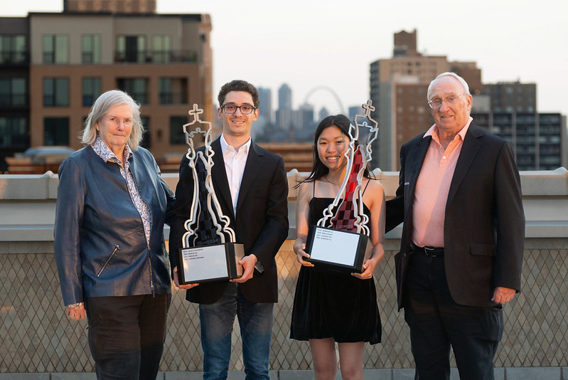 Dr. Jeanne Cairns Sinquefield and Rex Sinquefield with 2023 winners Grandmaster Fabiano Caruana and IM Carissa Yip 