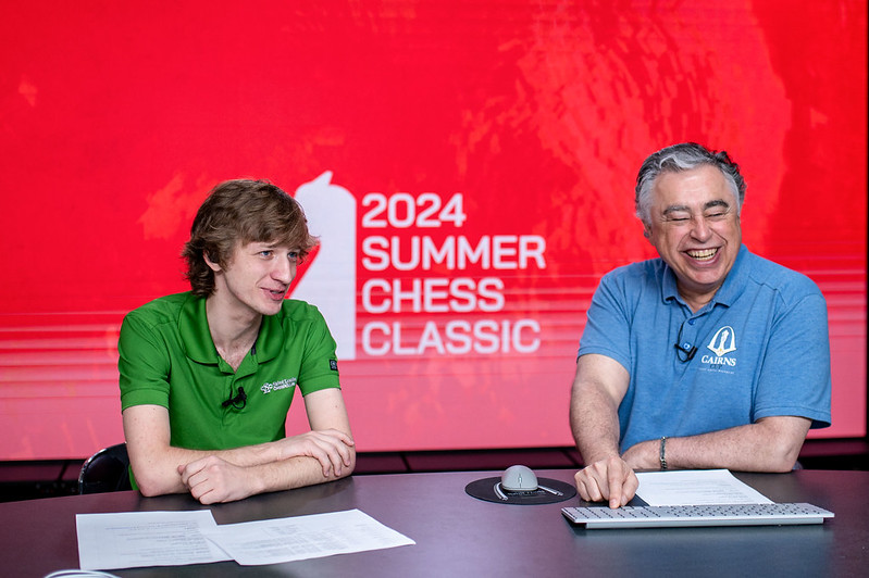 NM Caleb Denby and GM Yasser Seirawan bringing expert commentary and enthusiasm <br>to the live stream of Round 3 at the 2024 Summer Chess Classic.